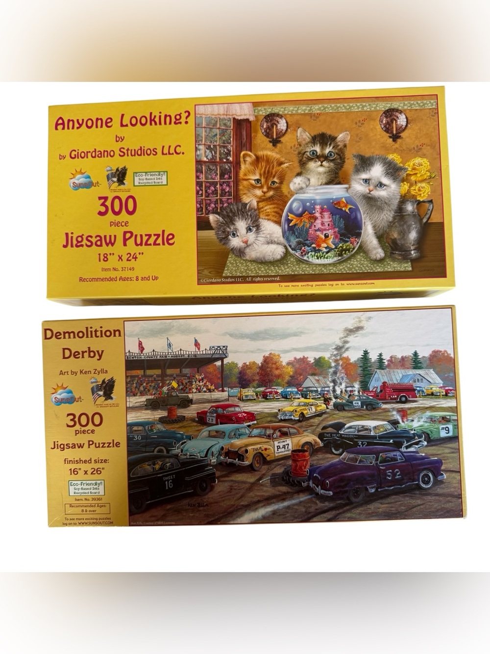 Lot of 2 SUNSOUT Jigsaw Puzzles 300 Large Piece Demolition Derby & A Cat theme